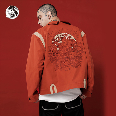 WOOKONG 悟空春秋季新品红色伏虎工装夹克 男士翻领宽松外套潮