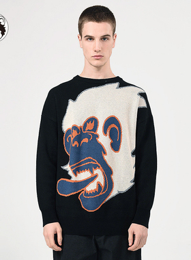 WOOKONG72变 2025春季猴头提花黑色圆领毛衣国潮男士女保暖外套