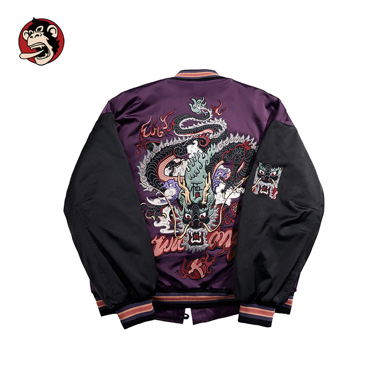 WOOKONG悟空黑龙刺绣黑紫撞色棒球服男士春季休闲棉服夹克外套潮