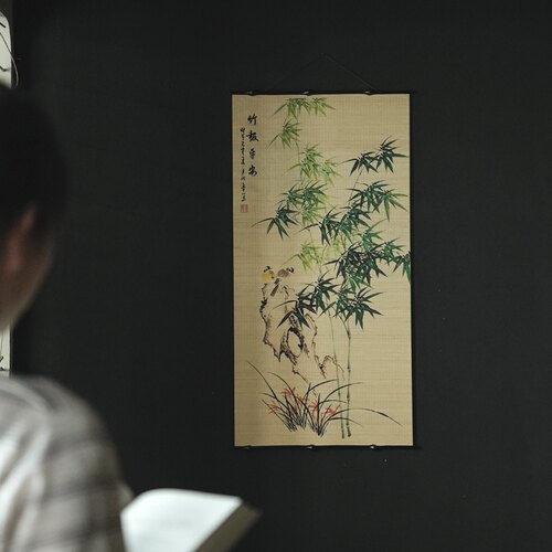 【君风】筇竹包边双面竹丝挂画 中式客厅书房复古卷轴茶道挂画
