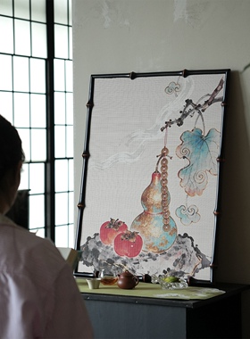 【玉兰禄】新中式竹制摆屏筇竹边框书房禅意茶室复古装饰画摆件