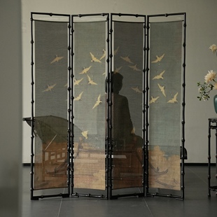 瑞鹤图双面古典细丝屏风 茶室空间 中式隔断玄关折叠移动 折屏