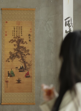 【听琴图＋宝瓶图双面竹丝挂画】中式客厅书房复古卷轴茶道挂画
