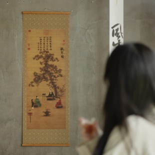 【听琴图＋宝瓶图双面竹丝挂画】中式客厅书房复古卷轴茶道挂画