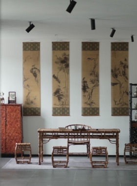 新中式八大山人四条屏禅意古风茶室竹帘片书房客厅玄关墙壁装饰画