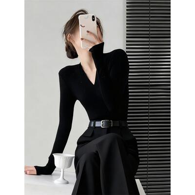 黑色v领打底衫女2025新款