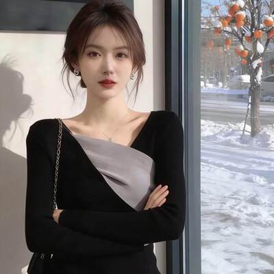 不规则黑色V领内搭打底衫