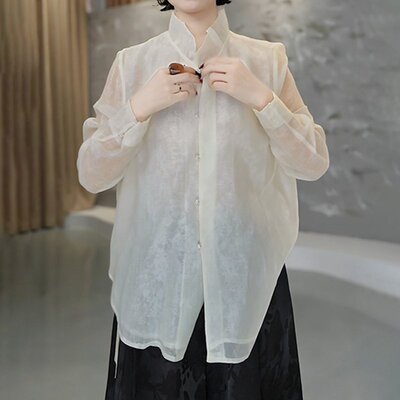 设计感拼接圆领长袖衬衫