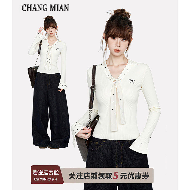 白色v领波点假两件正肩长袖t恤女早秋季polo领修身内搭打底衫上衣