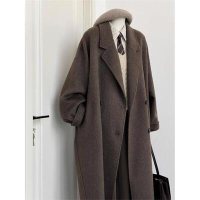 美拉德棕色秋冬新款双面羊绒大衣女中长款韩系宽松高端羊毛呢外套