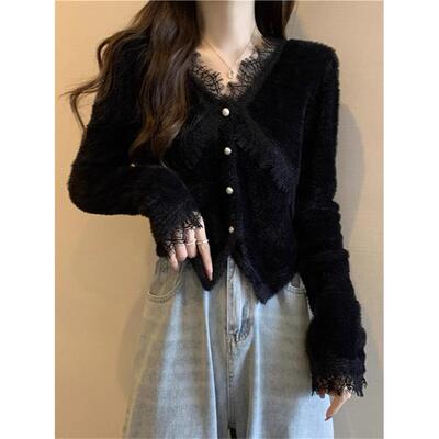 黑色蕾丝v领针织开衫女秋