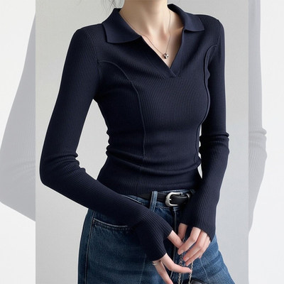 法式藏青polo衫翻领针织