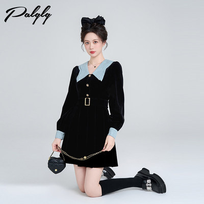 法式娃娃领黑色丝绒洋装