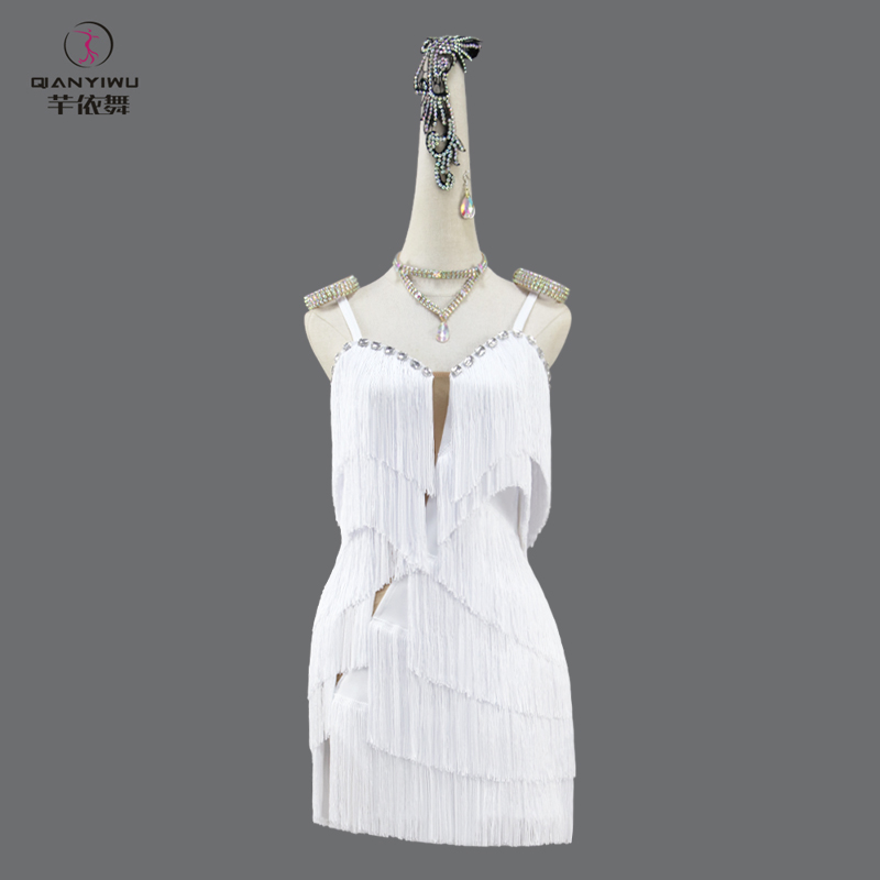 2026专业白色拉丁舞比赛表演服装舞蹈流苏连衣裙高级花服14岁solo