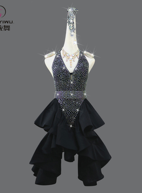 2025新款黑色专业拉丁舞比赛服装高级表演连衣裙花服儿童舞蹈黑池