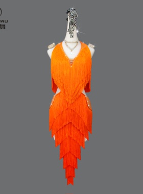 2025新款橙色拉丁舞流苏裙成人伦巴舞蹈台比赛表演出艺考花服solo