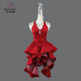2026专业酒红拉丁舞比赛服装伦巴舞蹈台花服艺考级连衣裙女童定制