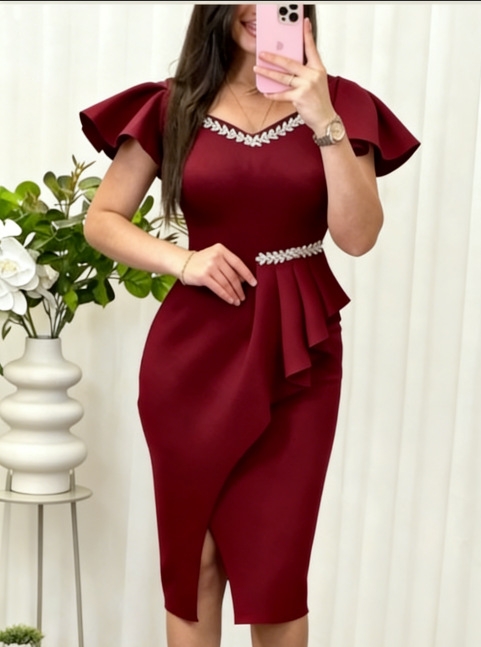 跨界欧美V领荷叶边连衣裙褶皱收腰开叉新年派对修身优雅包臀裙 女