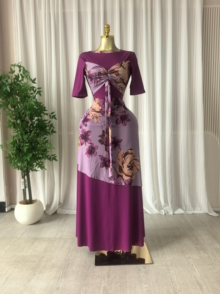 现货2026跨境欧美女装短袖圆领长裙印花拼接甜美礼服连衣裙长裙