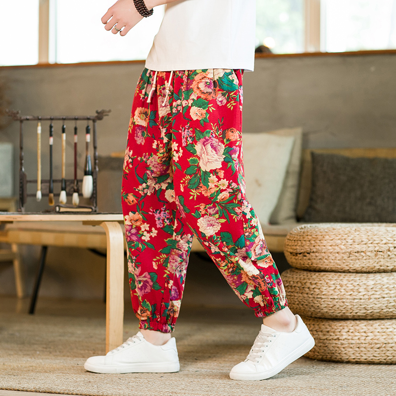 2025夏季新款风男休闲拼色花裤棉麻宽松跨裤1217-2K60P45，男装休闲裤，星座1217