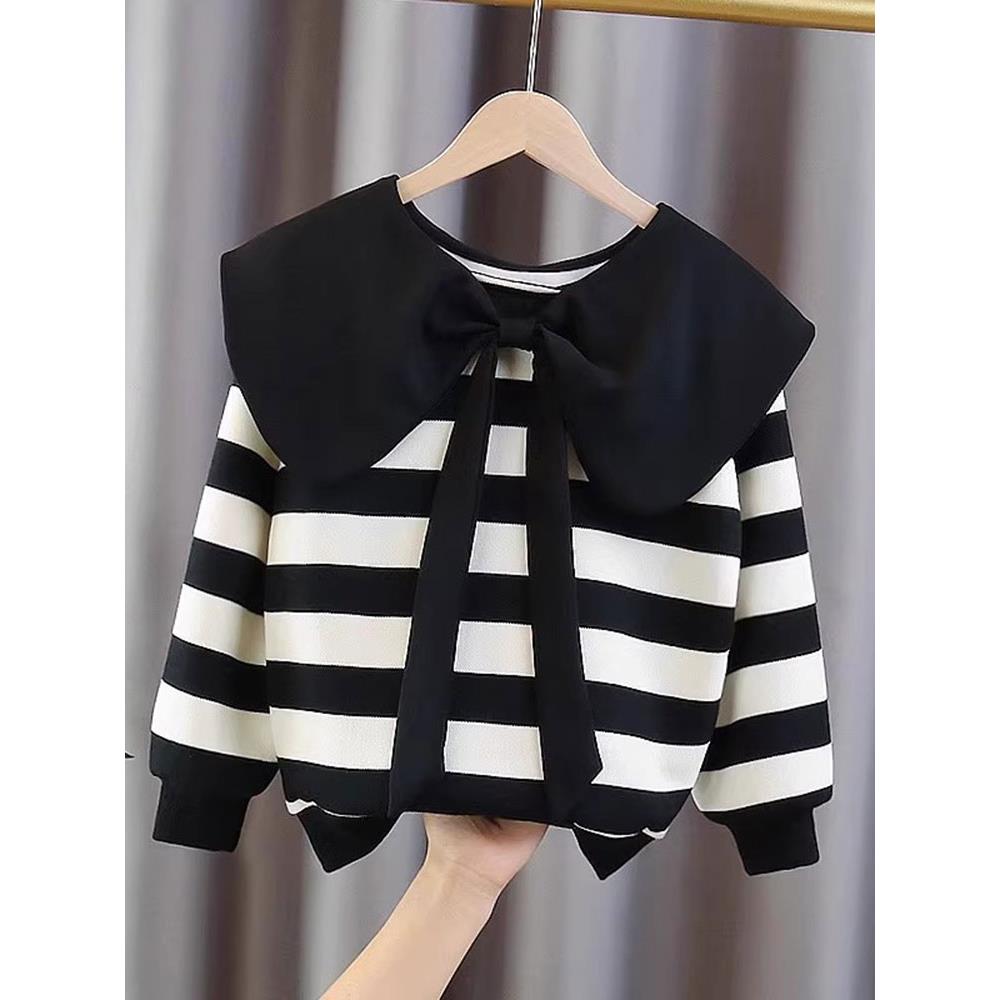 女童娃娃领卫衣春秋装2025新款中大儿童春装条纹打底衫女孩上衣潮