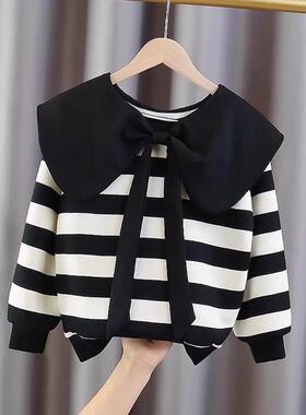 女童娃娃领卫衣春秋装2025新款中大儿童春装条纹打底衫女孩上衣潮