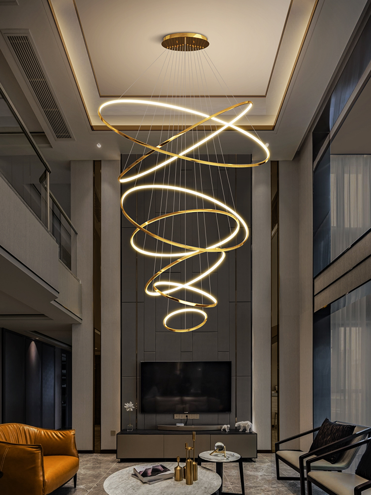 复式楼大吊灯别墅挑高客厅大吊灯现代简约挑空极简圆环中空楼梯灯