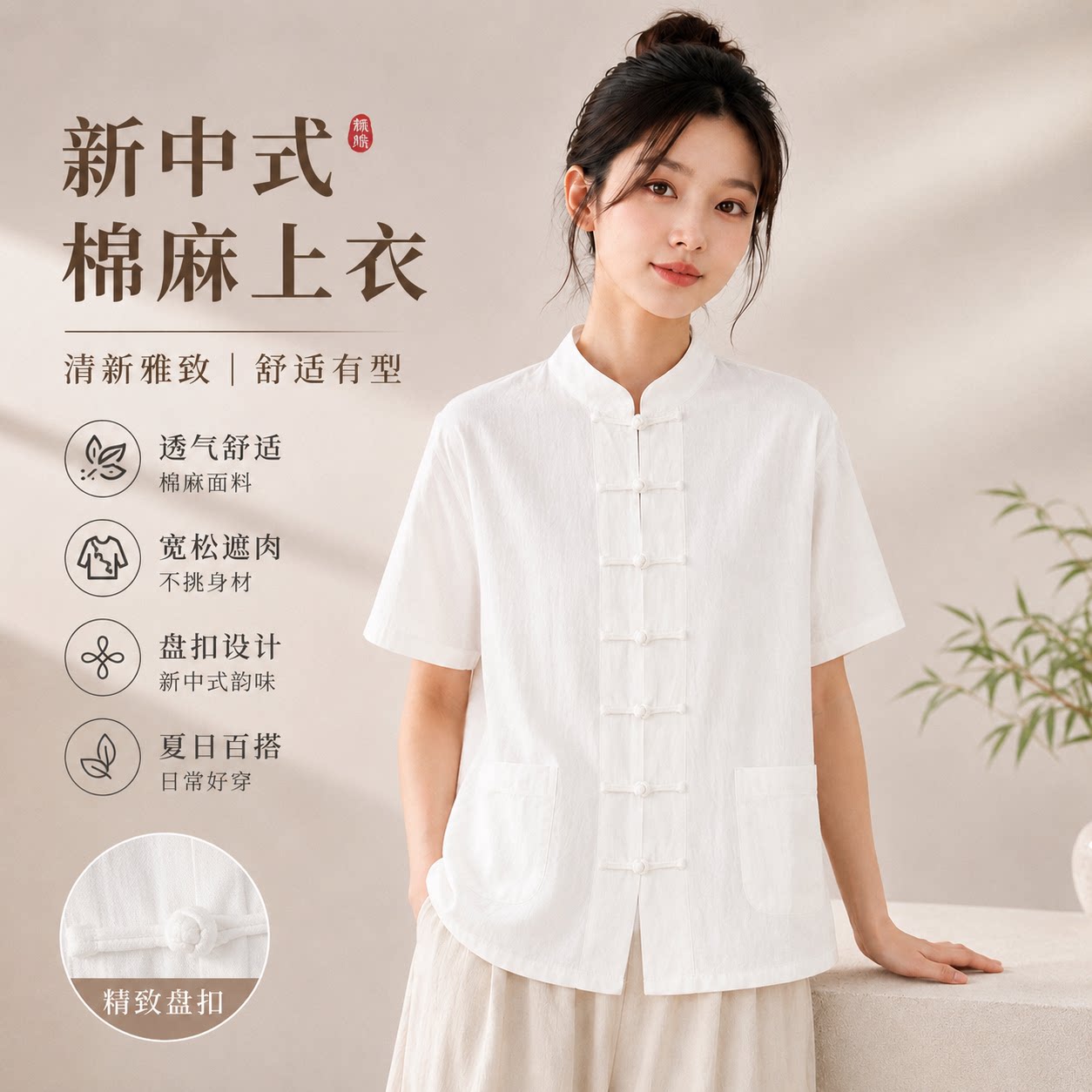 夏季新中式盘扣棉麻透气衬衫女图片