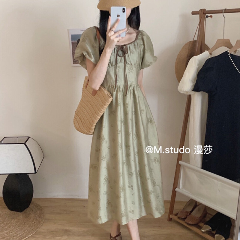 法式甜美茶歇连衣裙女2023年夏季新款撞色天丝收腰显瘦过膝长裙子