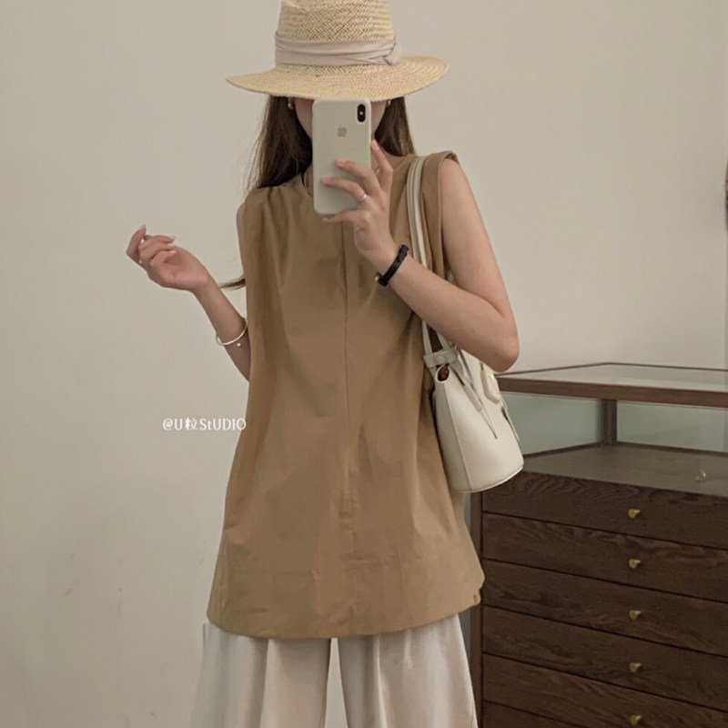 纯色简约风坎肩无袖背心上衣衬衫女夏季新款宽松显瘦韩系别致小衫