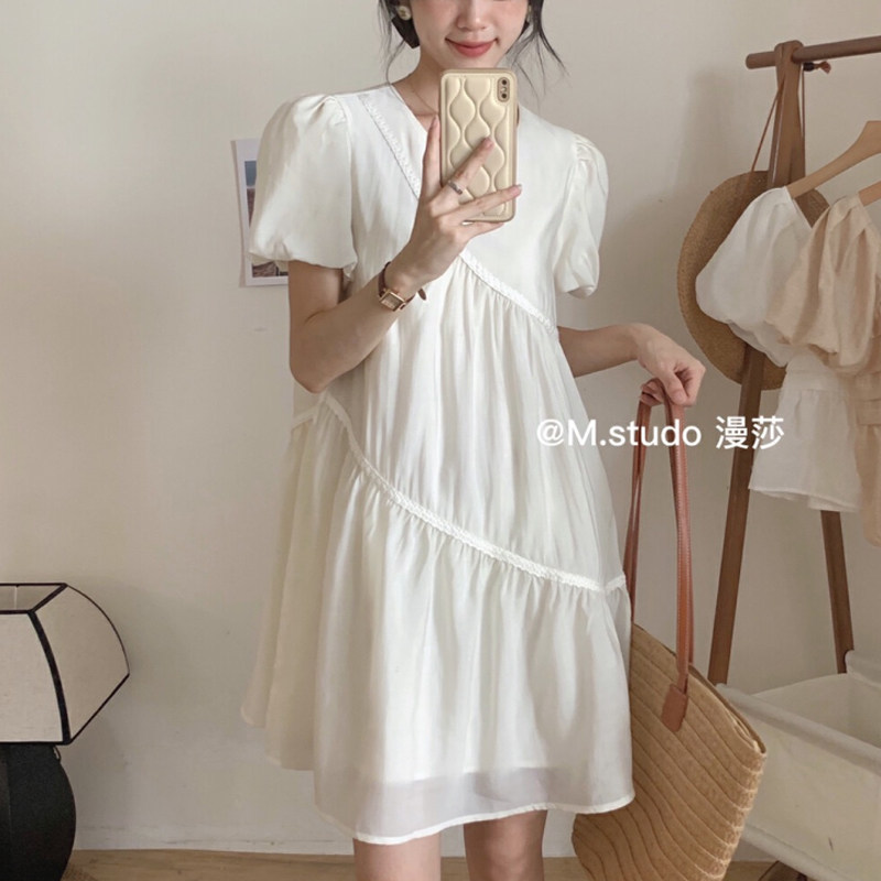 法式高级感泡泡袖娃娃款连衣裙女韩系夏季新款宽松遮肚子茶歇裙子