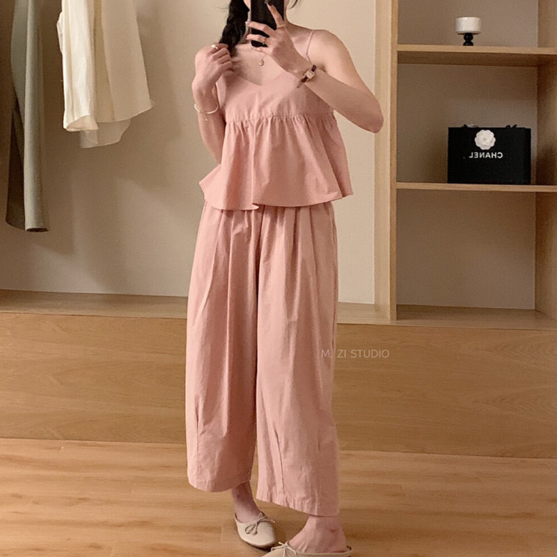 时尚休闲套装女夏季百搭显瘦无袖背心吊带上衣阔腿运动裤两件套潮