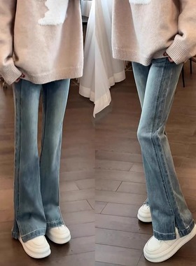 浅蓝色开叉微喇牛仔裤女2025春季新款小个子高腰弹力喇叭拖地裤