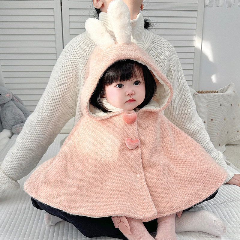 秋冬婴儿披风斗篷冬装外出女宝宝加绒卡通披肩婴幼儿挡风保暖衣服