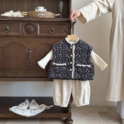 冬款女宝宝夹棉马甲套装三件套