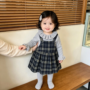 女宝宝秋冬裙子套装女童花边针织打底衫格子背带裙两件套洋气衣服