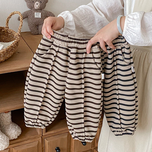 男宝宝秋冬款加绒裤子女童一体绒条纹休闲裤男宝外出休闲裤保暖裤