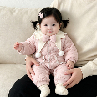 婴儿衣服秋冬装女宝宝公主甜美加绒加厚连体爬服婴幼儿棉服外出服