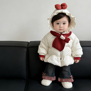 宝宝分体冬装洋气夹棉波点外套可爱牛仔裤子冬季女童套装儿童衣服