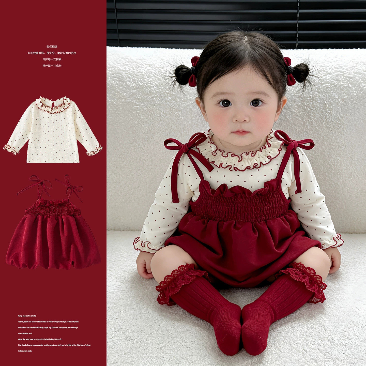 2026女宝宝春装套装波点红色连衣裙洋气打底衫婴儿生日洋气两件套