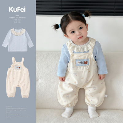 春款女宝甜美花边领T恤爬服套装