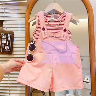 超漂亮女童粉色多巴胺背带裤套装夏季工装洋气时髦条纹背心两件套