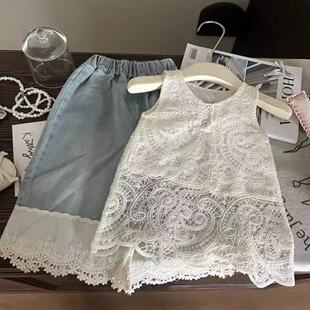 超漂亮女童蕾丝花边白色夏装两件套时尚高级感小女孩镂空凉快套装