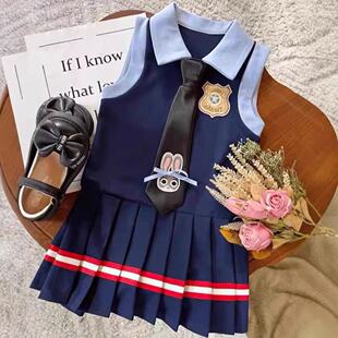 超可爱兔子警官女童连衣裙polo领学院英伦风高级感小女孩休闲夏装