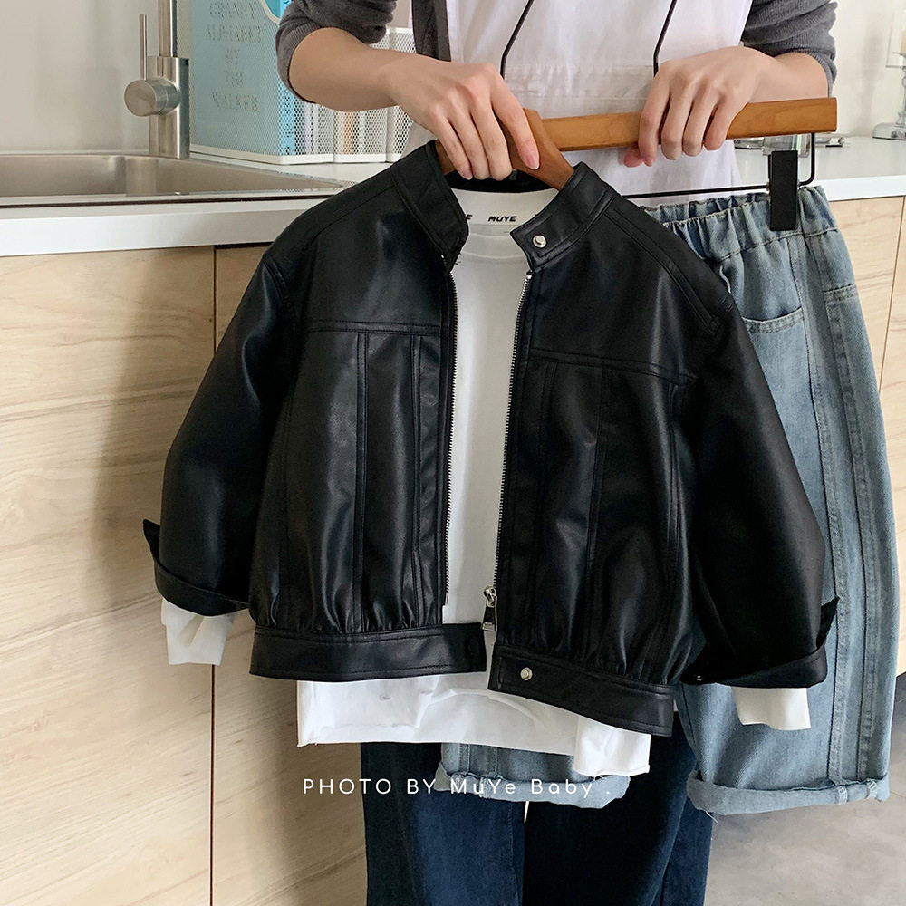 酷帅男童黑色皮衣春季外套韩版休闲百搭小男孩时尚纯色夹克上衣