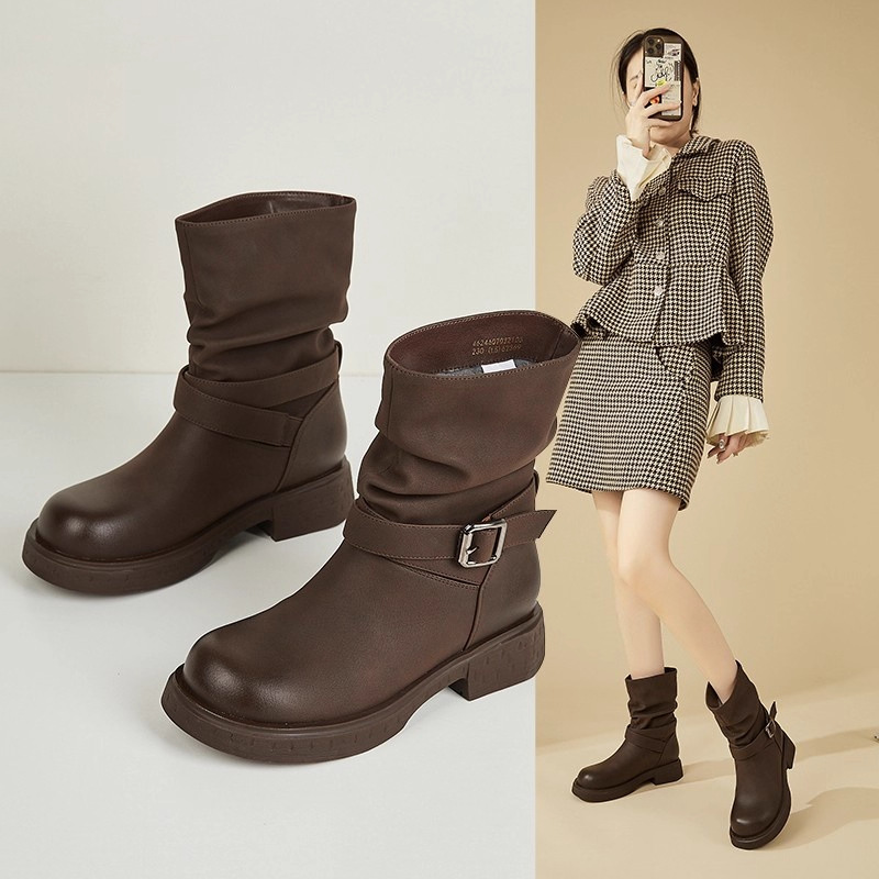 西部牛仔靴子女2025秋冬新款爆款棕色短靴半筒靴中筒堆堆靴时尚靴