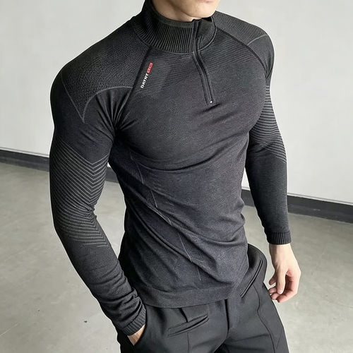 半拉链健身紧身衣男显肌