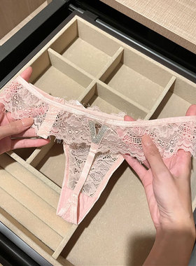 法式轻奢睫毛蕾丝内裤女闪钻水钻棉裆低腰无痕约会性感三角丁字裤