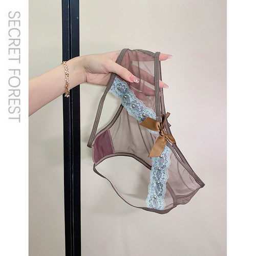 镂空蜜桃臀~铆钉网纱性感蕾丝蝴蝶结内裤女低腰纯欲少女三角裤头