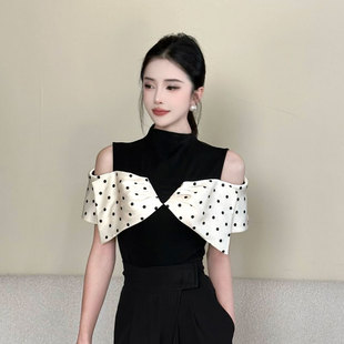 【波点信笺】莱赛尔天丝波点拼色露肩T恤女新款打底衫上衣26332